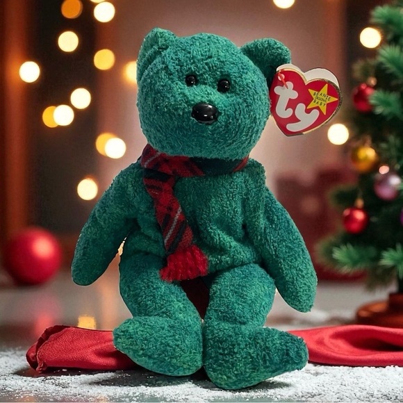 Beanie Babies Other - Rare Ty Beanie Baby “The Grinch” Inspired Green Christmas Bear with Red Scarf